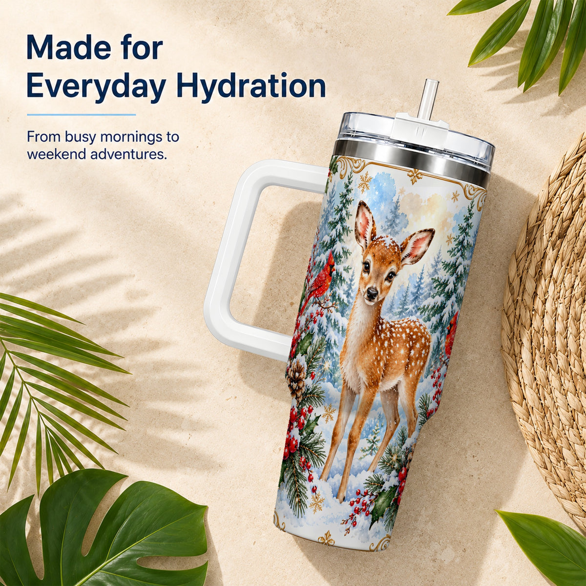 Spotted Fawn 40oz Tumbler with Handle, Christmas Cardinal Wildlife
