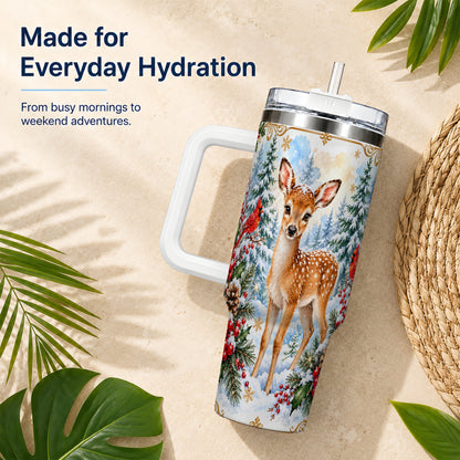 Spotted Fawn 40oz Tumbler with Handle, Christmas Cardinal Wildlife