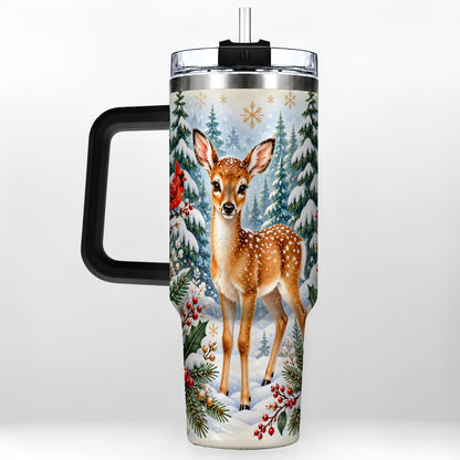 #pl[40oz|Black] Winter Fawn 40oz Tumbler with Handle, Christmas Woodland Wildlife