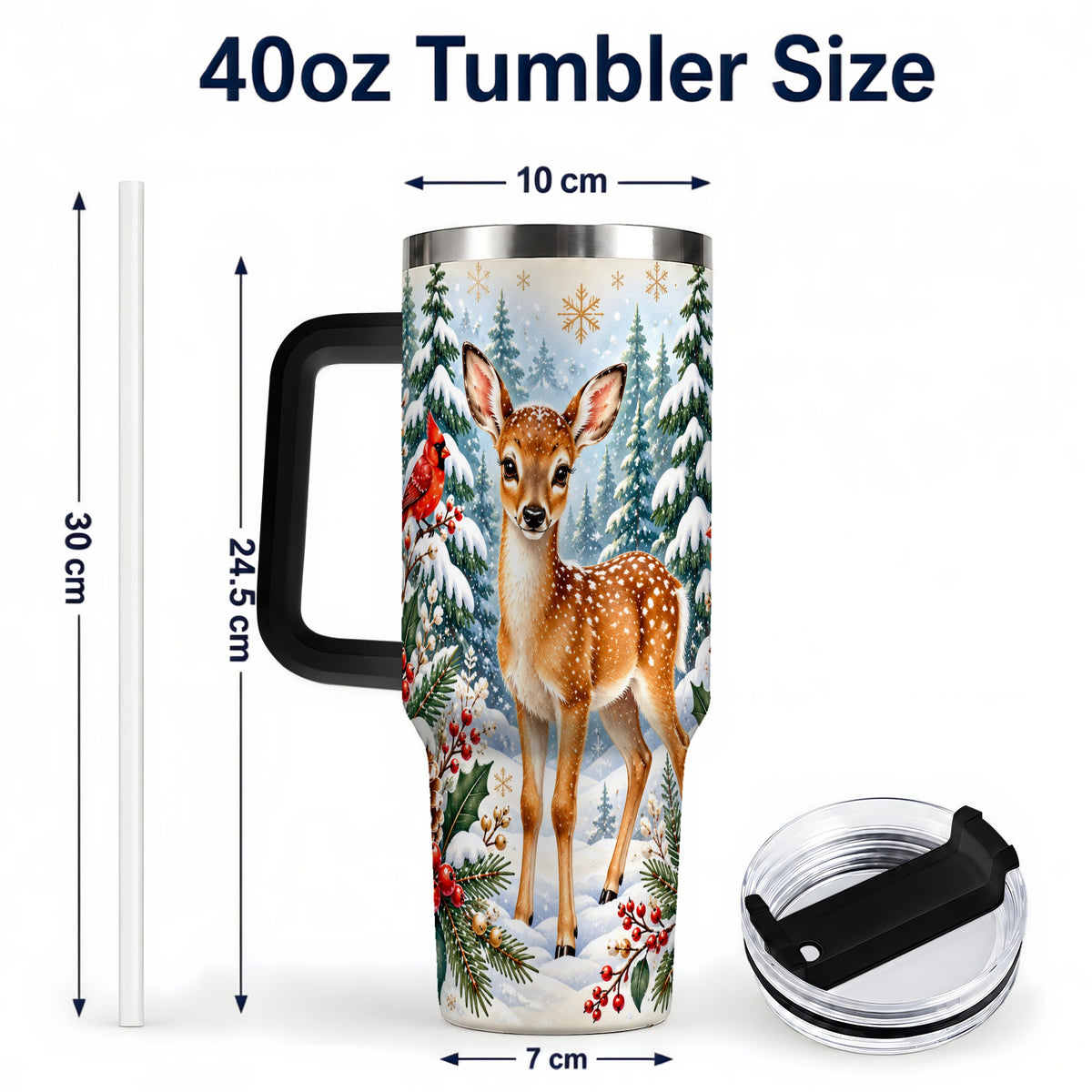 #pl[40oz|Black] Winter Fawn 40oz Tumbler with Handle, Christmas Woodland Wildlife