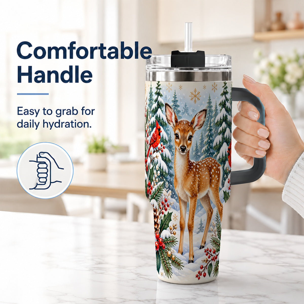 #pl[40oz|Black] Winter Fawn 40oz Tumbler with Handle, Christmas Woodland Wildlife