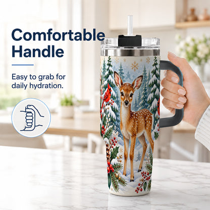 #pl[40oz|Black] Winter Fawn 40oz Tumbler with Handle, Christmas Woodland Wildlife