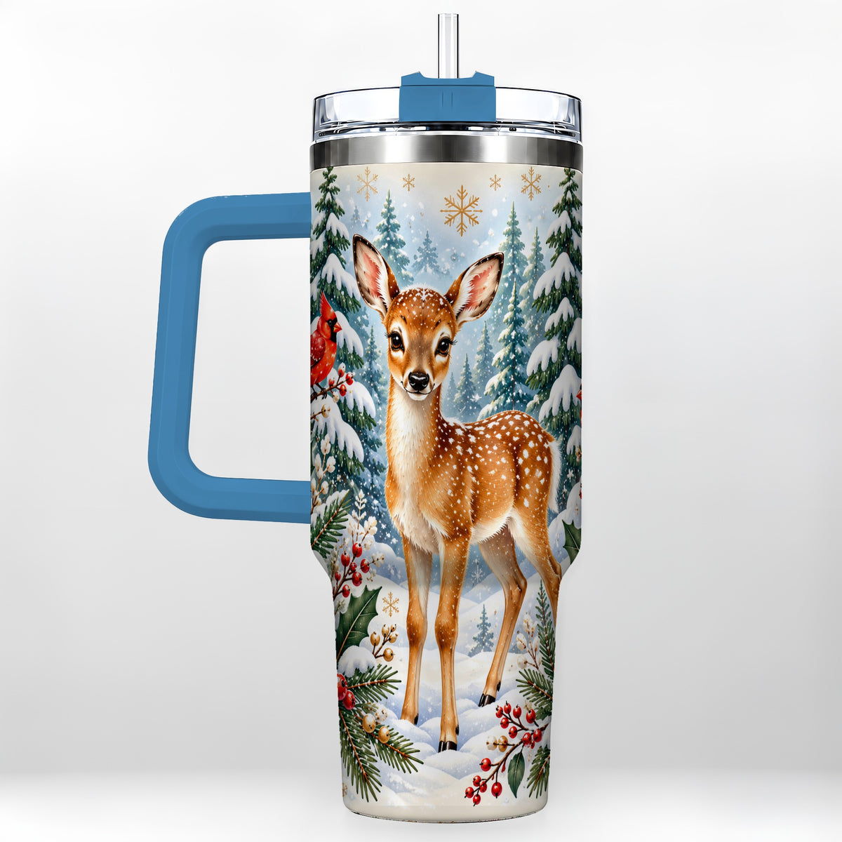 #pl[40oz|Blue] Winter Fawn 40oz Tumbler with Handle, Christmas Woodland Wildlife