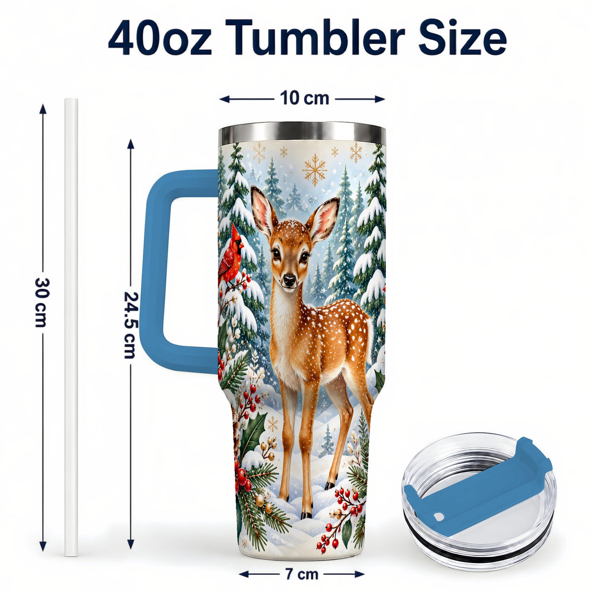 #pl[40oz|Blue] Winter Fawn 40oz Tumbler with Handle, Christmas Woodland Wildlife