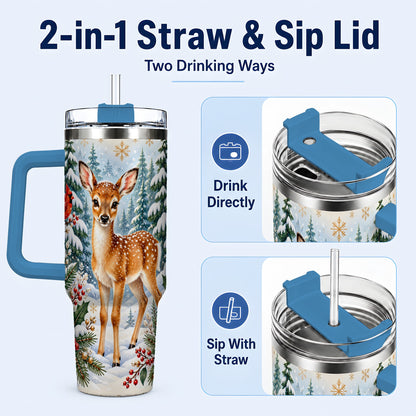 #pl[40oz|Blue] Winter Fawn 40oz Tumbler with Handle, Christmas Woodland Wildlife