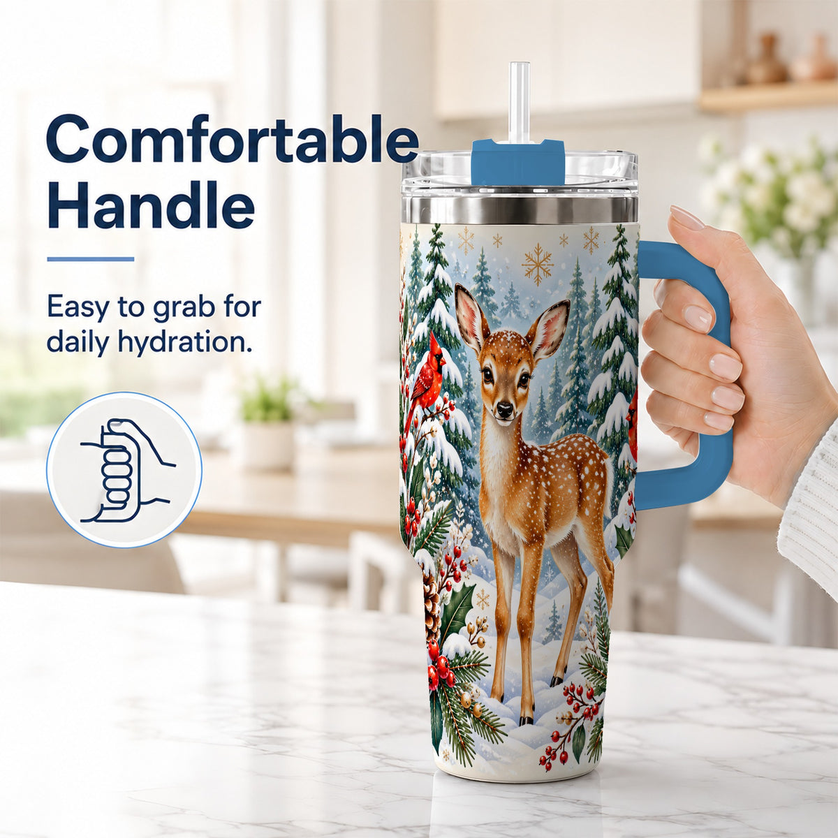 #pl[40oz|Blue] Winter Fawn 40oz Tumbler with Handle, Christmas Woodland Wildlife