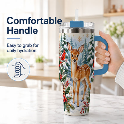 #pl[40oz|Blue] Winter Fawn 40oz Tumbler with Handle, Christmas Woodland Wildlife
