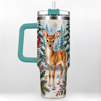#pl[40oz|Green] Winter Fawn 40oz Tumbler with Handle, Christmas Woodland Wildlife