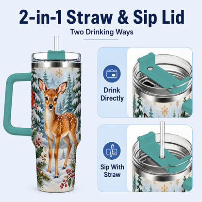 #pl[40oz|Green] Winter Fawn 40oz Tumbler with Handle, Christmas Woodland Wildlife