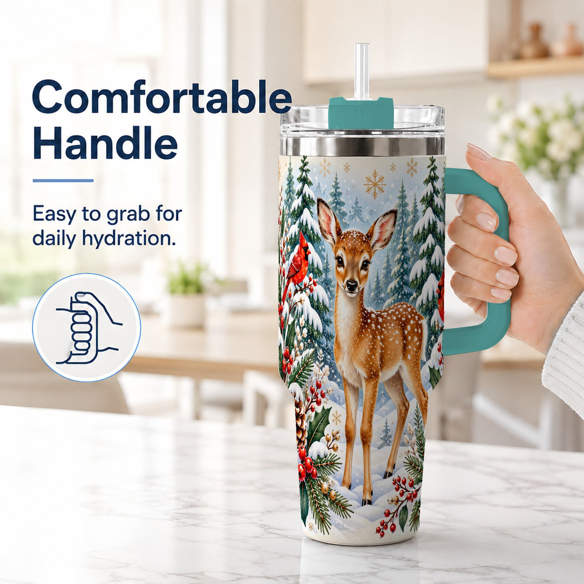 #pl[40oz|Green] Winter Fawn 40oz Tumbler with Handle, Christmas Woodland Wildlife