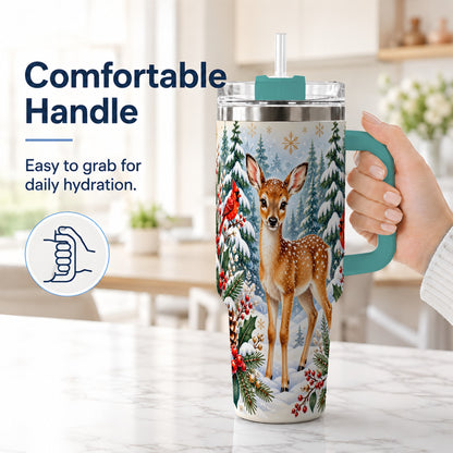 #pl[40oz|Green] Winter Fawn 40oz Tumbler with Handle, Christmas Woodland Wildlife