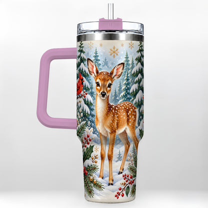 #pl[40oz|Pink] Winter Fawn 40oz Tumbler with Handle, Christmas Woodland Wildlife