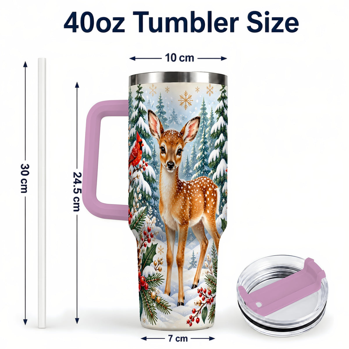 #pl[40oz|Pink] Winter Fawn 40oz Tumbler with Handle, Christmas Woodland Wildlife