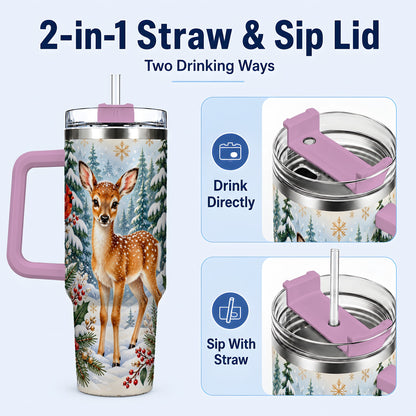 #pl[40oz|Pink] Winter Fawn 40oz Tumbler with Handle, Christmas Woodland Wildlife