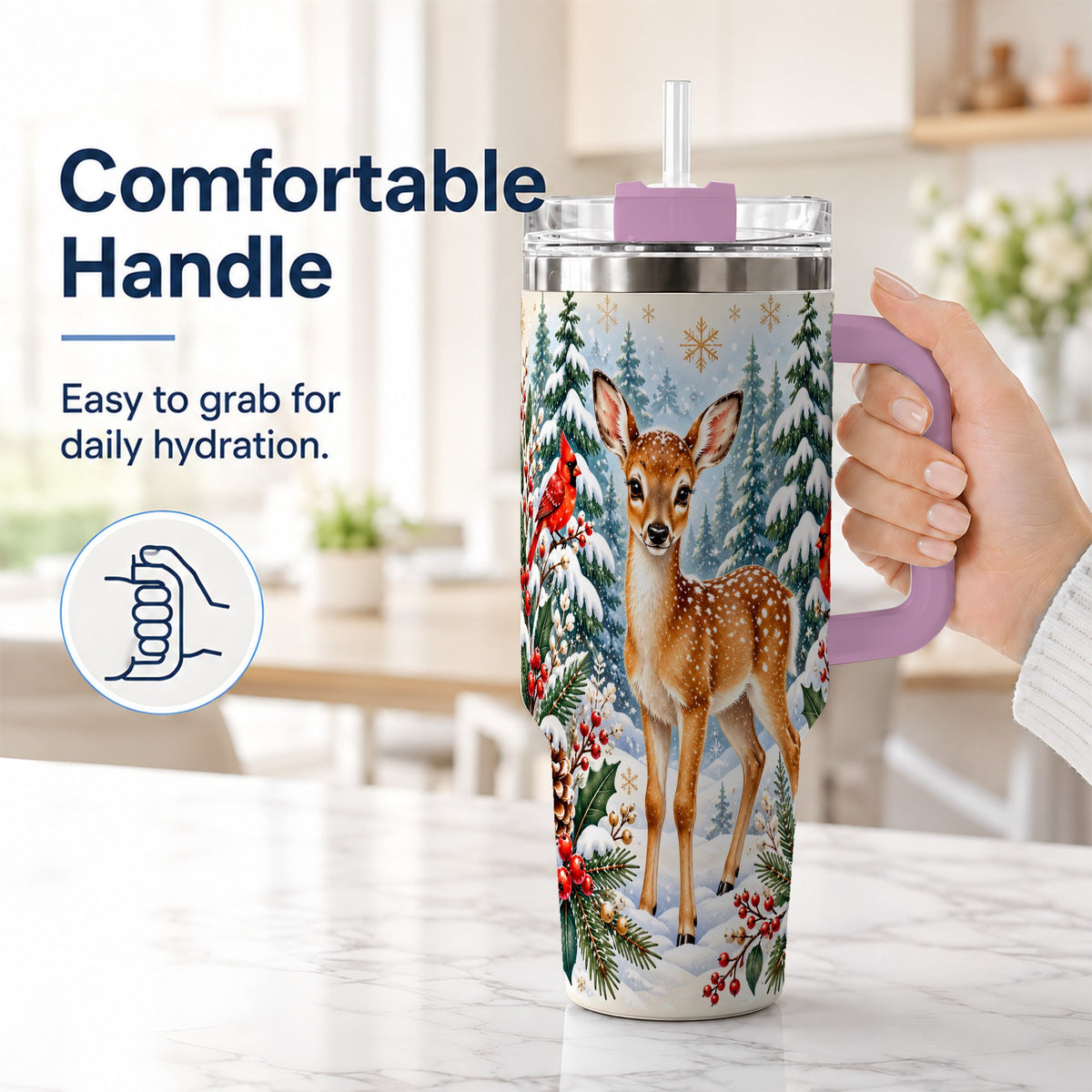 #pl[40oz|Pink] Winter Fawn 40oz Tumbler with Handle, Christmas Woodland Wildlife