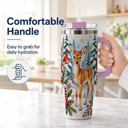 #pl[40oz|Pink] Winter Fawn 40oz Tumbler with Handle, Christmas Woodland Wildlife