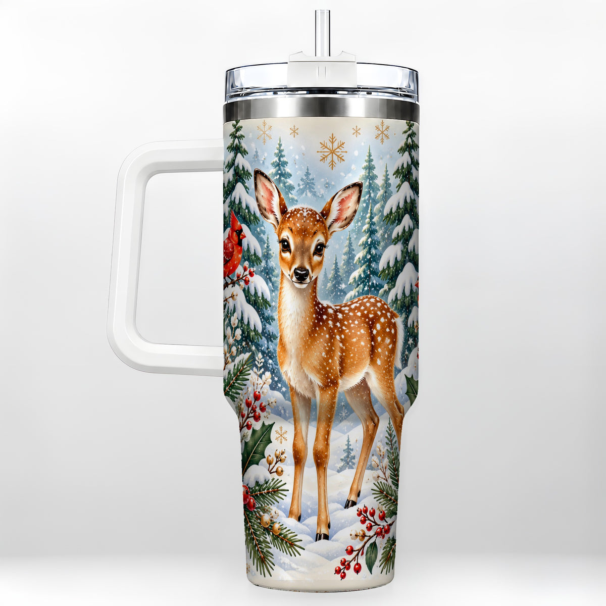 Winter Fawn 40oz Tumbler with Handle, Christmas Woodland Wildlife