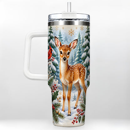 Winter Fawn 40oz Tumbler with Handle, Christmas Woodland Wildlife