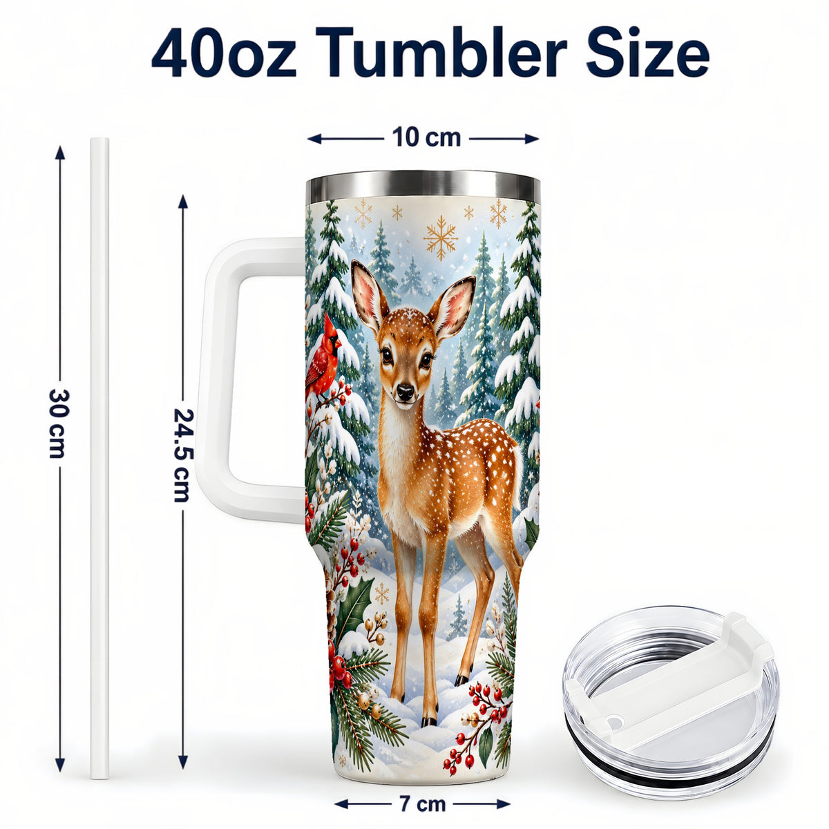 #pl[40oz|White] Winter Fawn 40oz Tumbler with Handle, Christmas Woodland Wildlife
