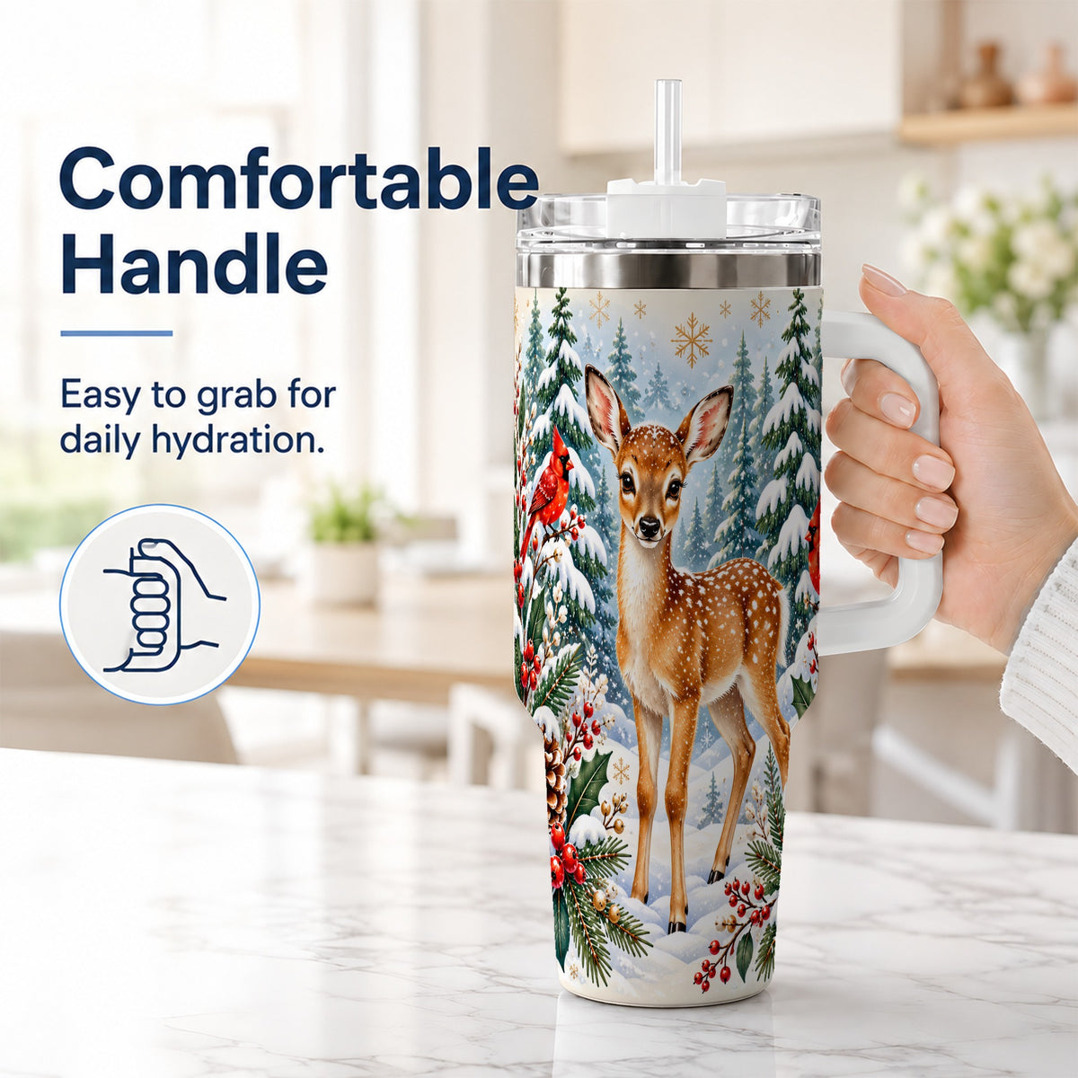 #pl[40oz|White] Winter Fawn 40oz Tumbler with Handle, Christmas Woodland Wildlife