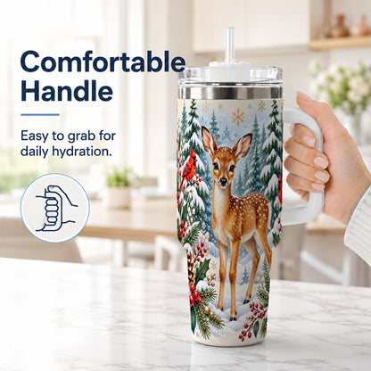 #pl[40oz|White] Winter Fawn 40oz Tumbler with Handle, Christmas Woodland Wildlife