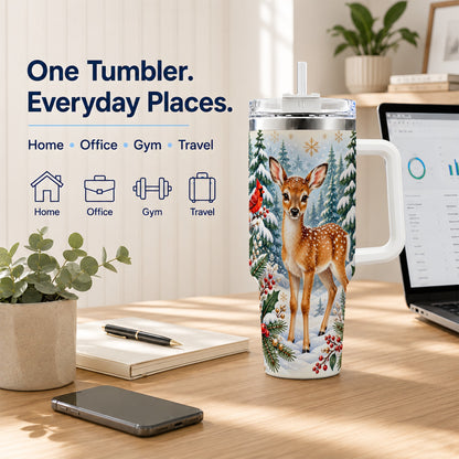 Winter Fawn 40oz Tumbler with Handle, Christmas Woodland Wildlife