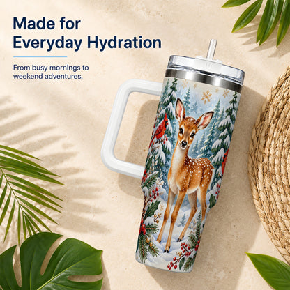 Winter Fawn 40oz Tumbler with Handle, Christmas Woodland Wildlife