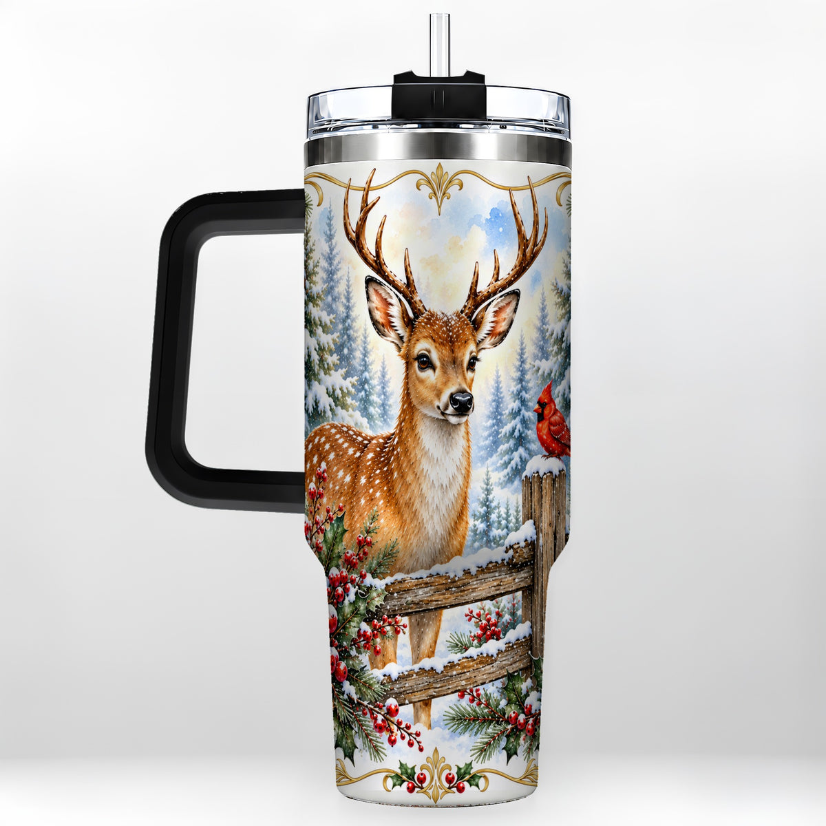#pl[40oz|Black] Christmas Buck 40oz Tumbler with Handle, Rustic Winter Deer Art
