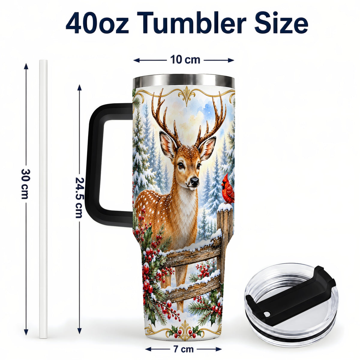 #pl[40oz|Black] Christmas Buck 40oz Tumbler with Handle, Rustic Winter Deer Art