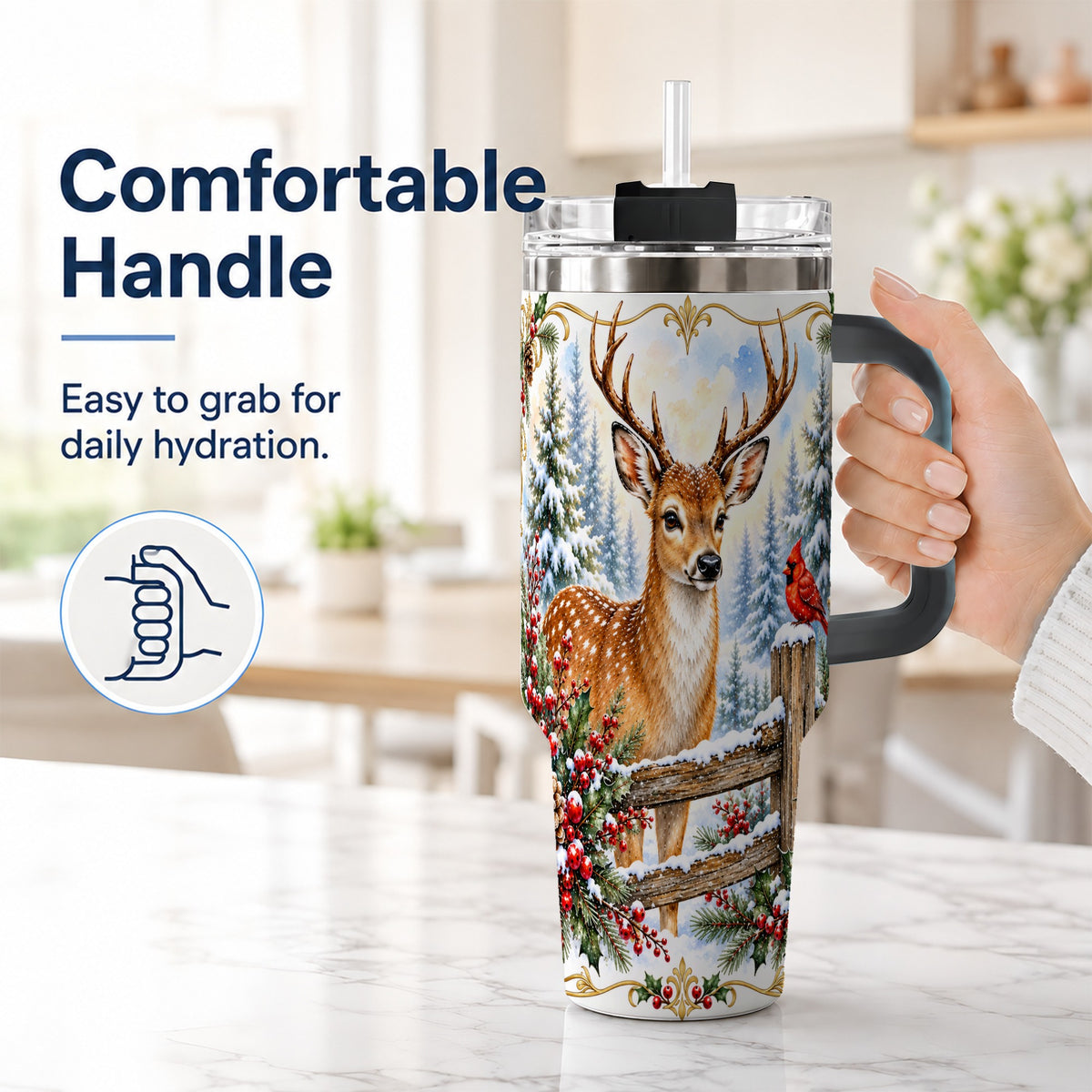 #pl[40oz|Black] Christmas Buck 40oz Tumbler with Handle, Rustic Winter Deer Art