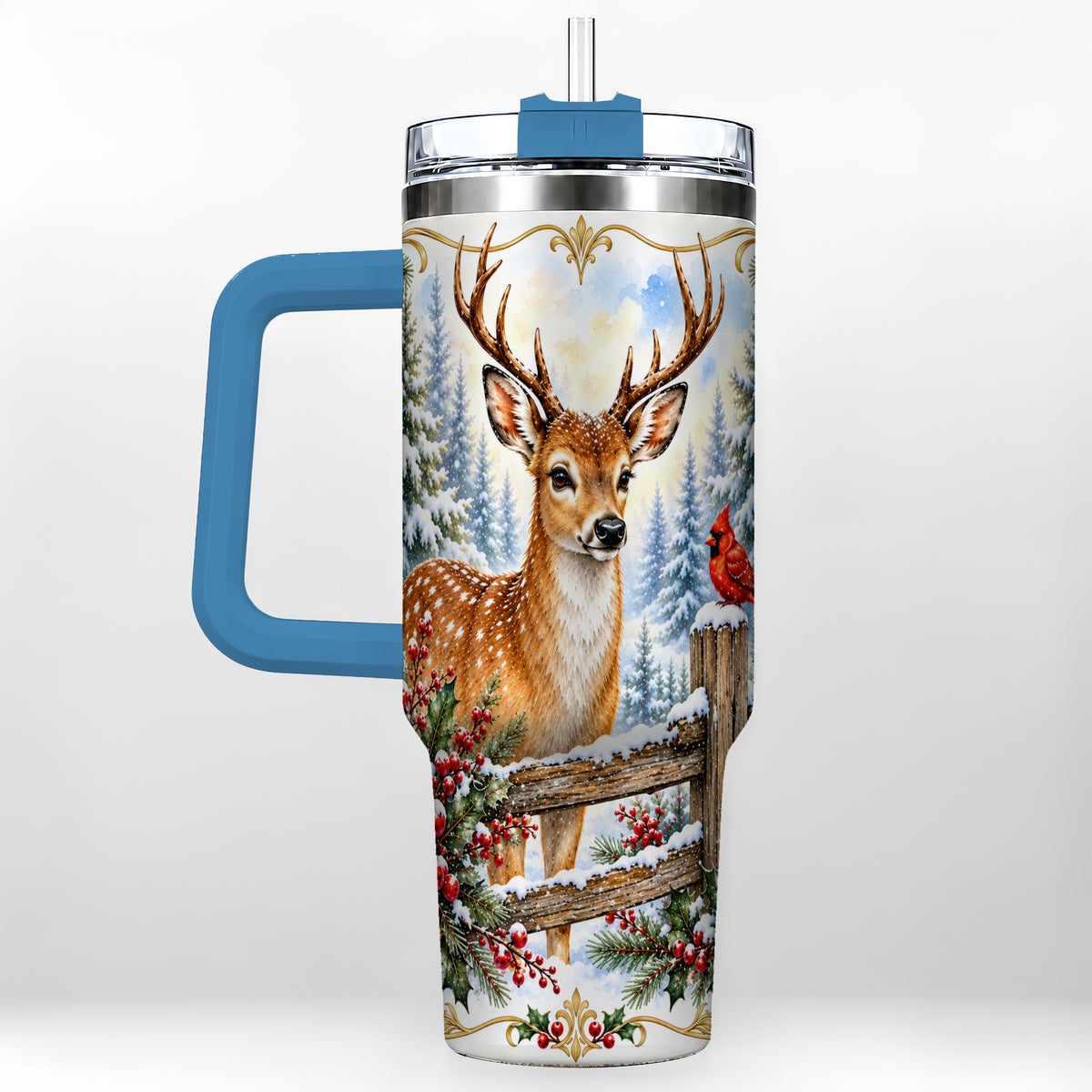 #pl[40oz|Blue] Christmas Buck 40oz Tumbler with Handle, Rustic Winter Deer Art