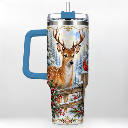 #pl[40oz|Blue] Christmas Buck 40oz Tumbler with Handle, Rustic Winter Deer Art