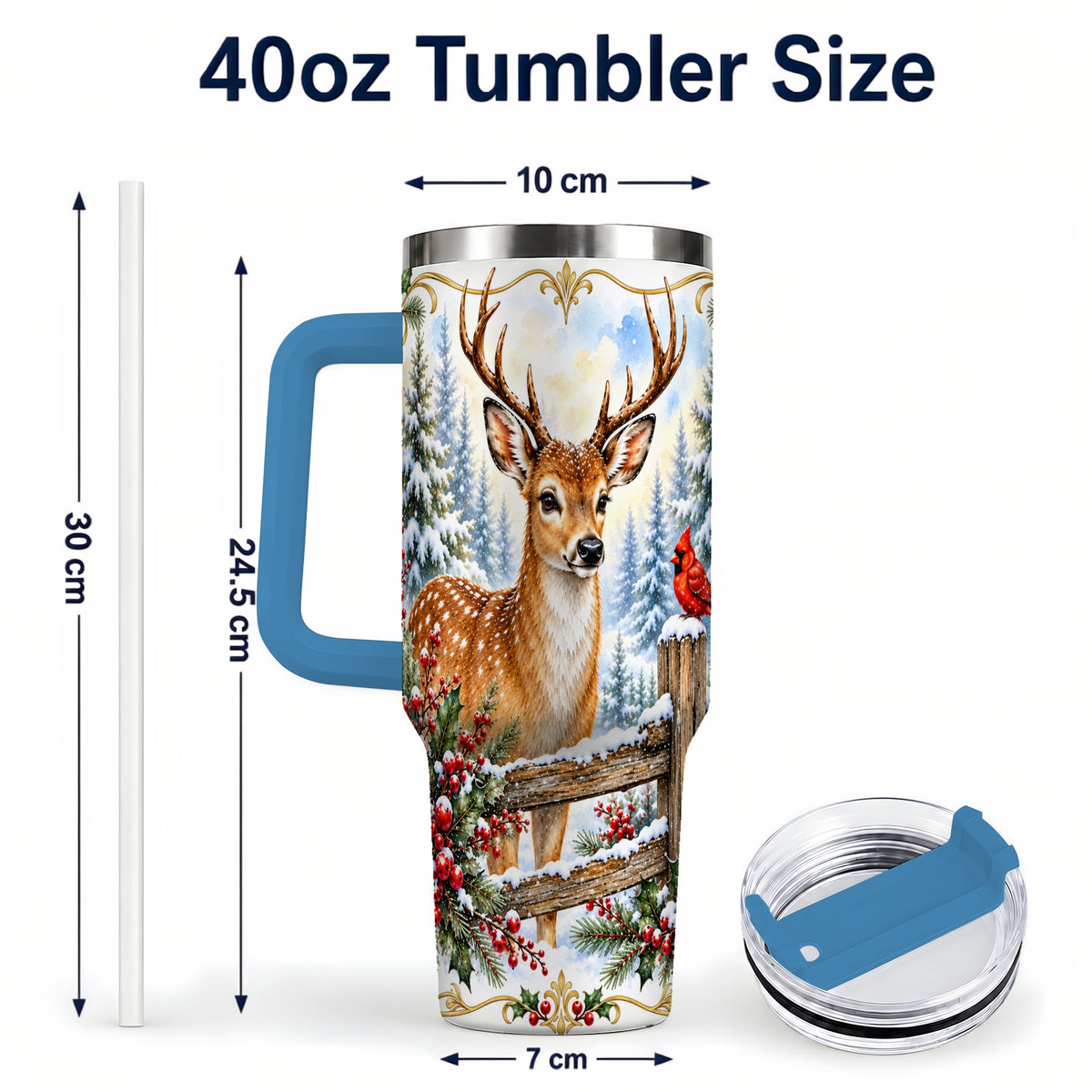 #pl[40oz|Blue] Christmas Buck 40oz Tumbler with Handle, Rustic Winter Deer Art