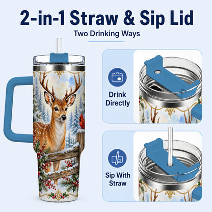 #pl[40oz|Blue] Christmas Buck 40oz Tumbler with Handle, Rustic Winter Deer Art