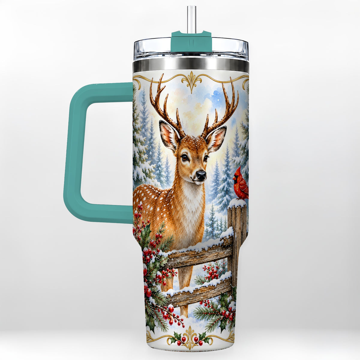 #pl[40oz|Green] Christmas Buck 40oz Tumbler with Handle, Rustic Winter Deer Art