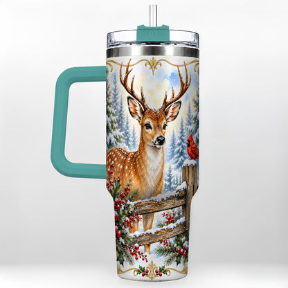 #pl[40oz|Green] Christmas Buck 40oz Tumbler with Handle, Rustic Winter Deer Art