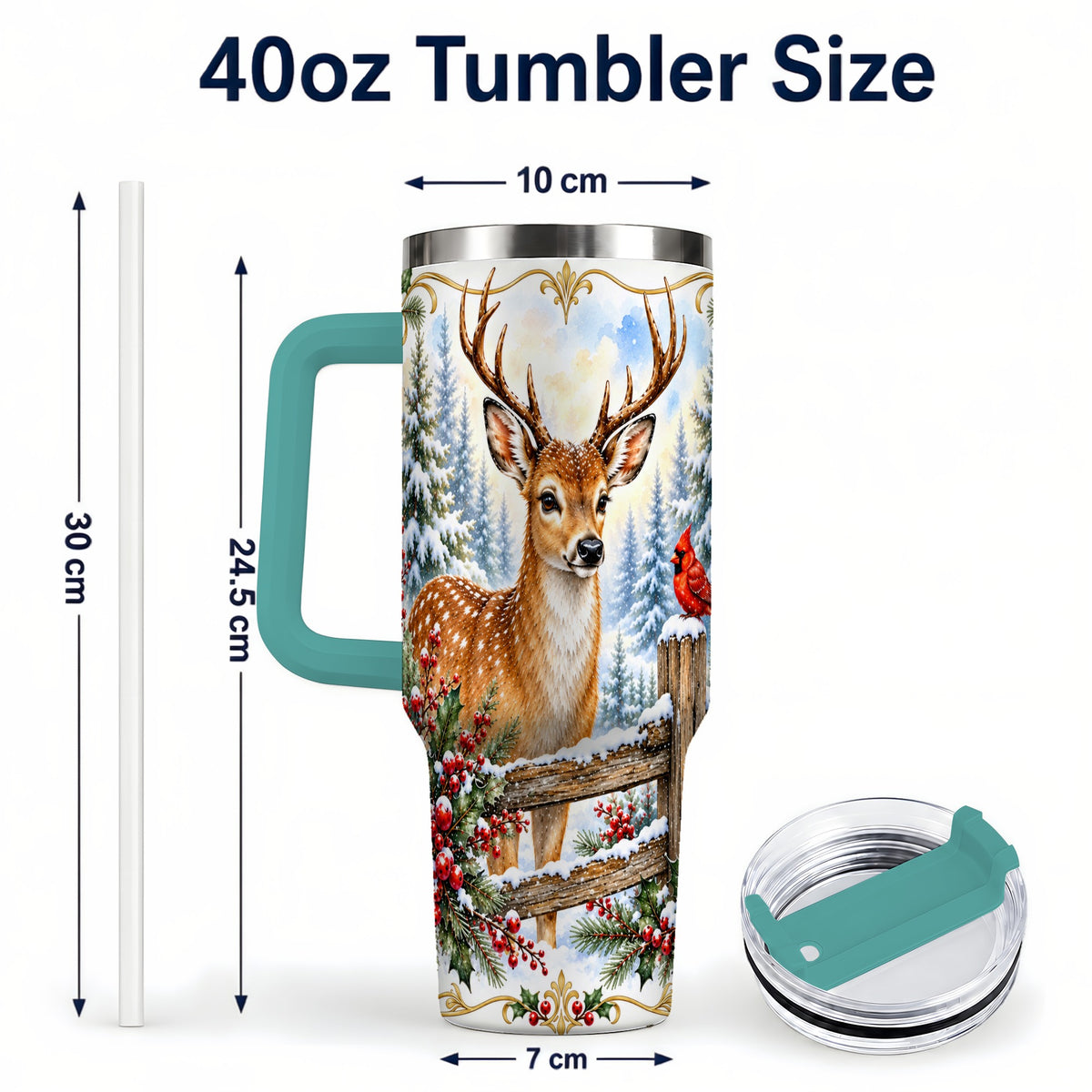 #pl[40oz|Green] Christmas Buck 40oz Tumbler with Handle, Rustic Winter Deer Art