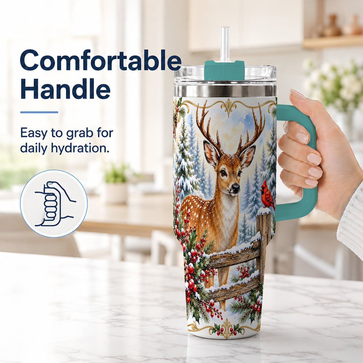 #pl[40oz|Green] Christmas Buck 40oz Tumbler with Handle, Rustic Winter Deer Art