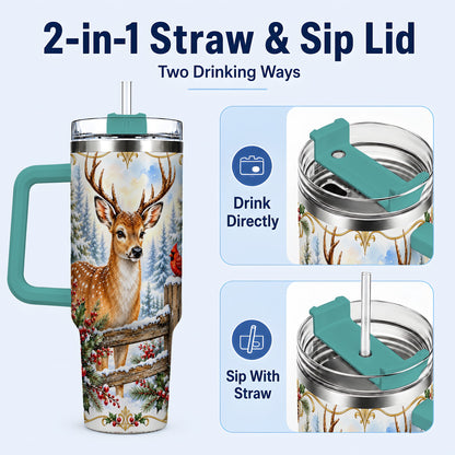 #pl[40oz|Green] Christmas Buck 40oz Tumbler with Handle, Rustic Winter Deer Art