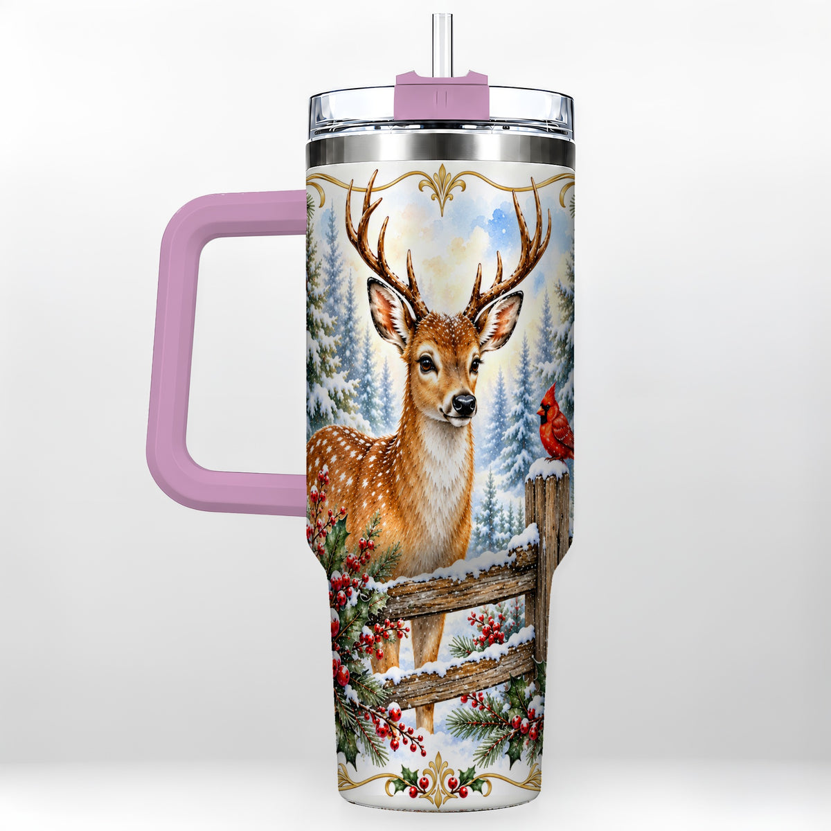 #pl[40oz|Pink] Christmas Buck 40oz Tumbler with Handle, Rustic Winter Deer Art
