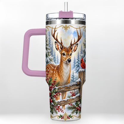 #pl[40oz|Pink] Christmas Buck 40oz Tumbler with Handle, Rustic Winter Deer Art