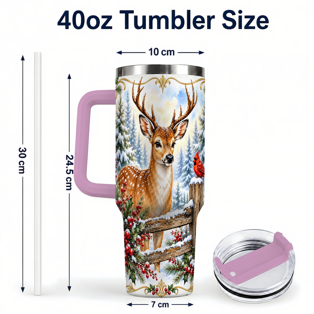 #pl[40oz|Pink] Christmas Buck 40oz Tumbler with Handle, Rustic Winter Deer Art