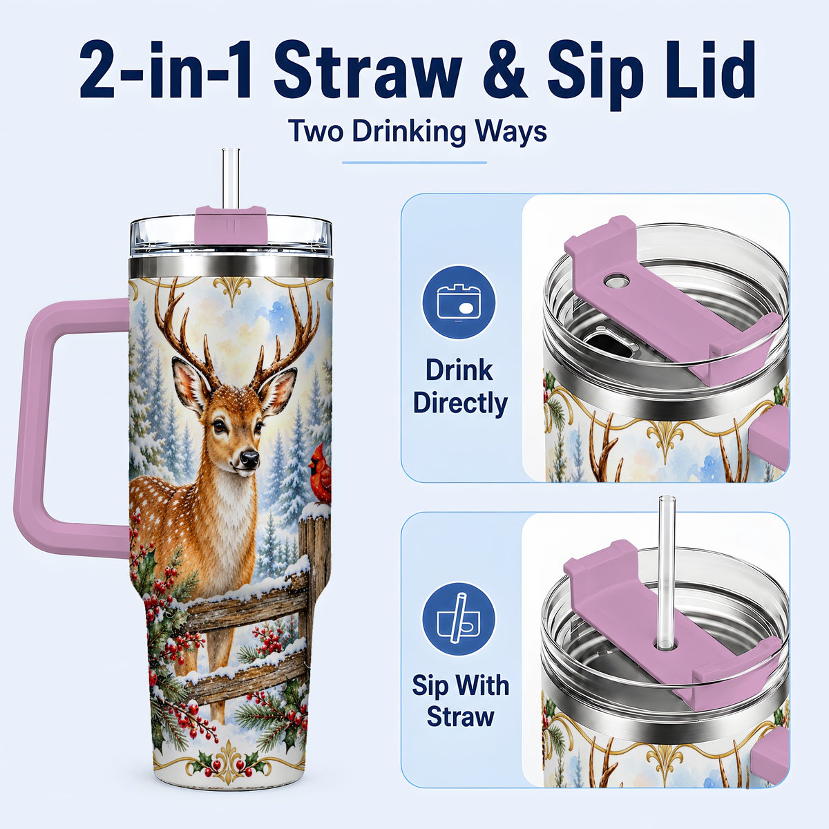 #pl[40oz|Pink] Christmas Buck 40oz Tumbler with Handle, Rustic Winter Deer Art