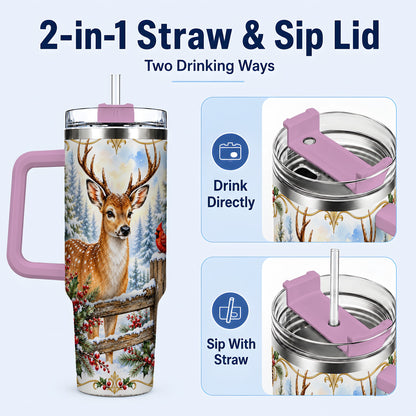 #pl[40oz|Pink] Christmas Buck 40oz Tumbler with Handle, Rustic Winter Deer Art