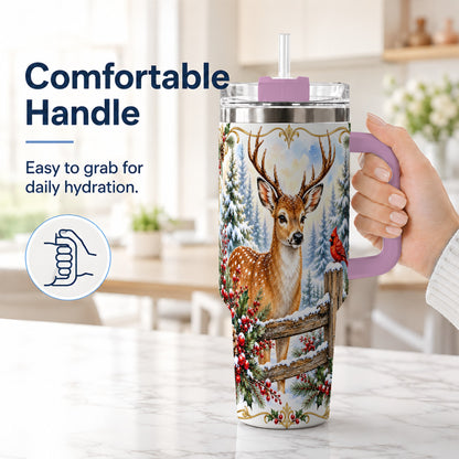 #pl[40oz|Pink] Christmas Buck 40oz Tumbler with Handle, Rustic Winter Deer Art