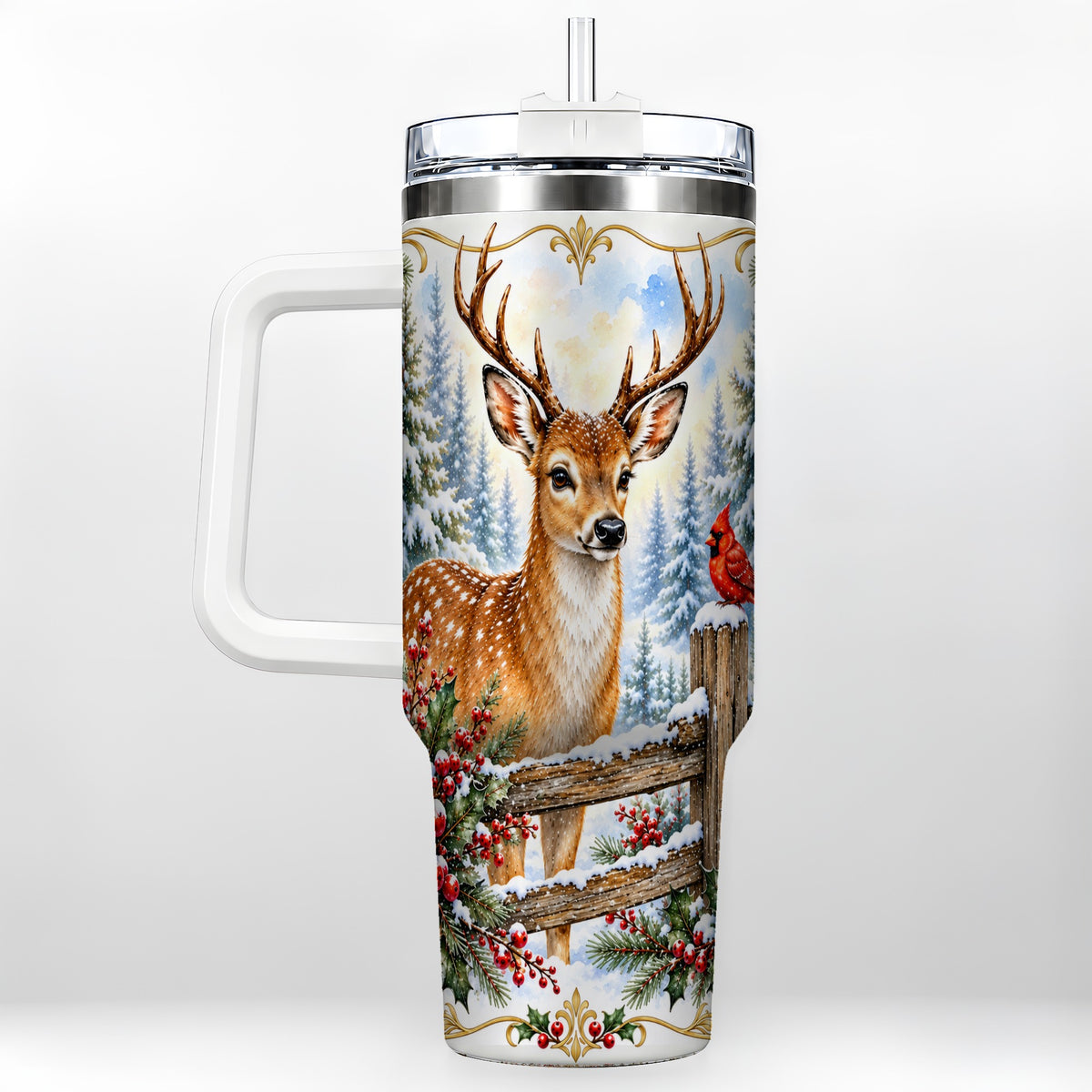 Christmas Buck 40oz Tumbler with Handle, Rustic Winter Deer Art