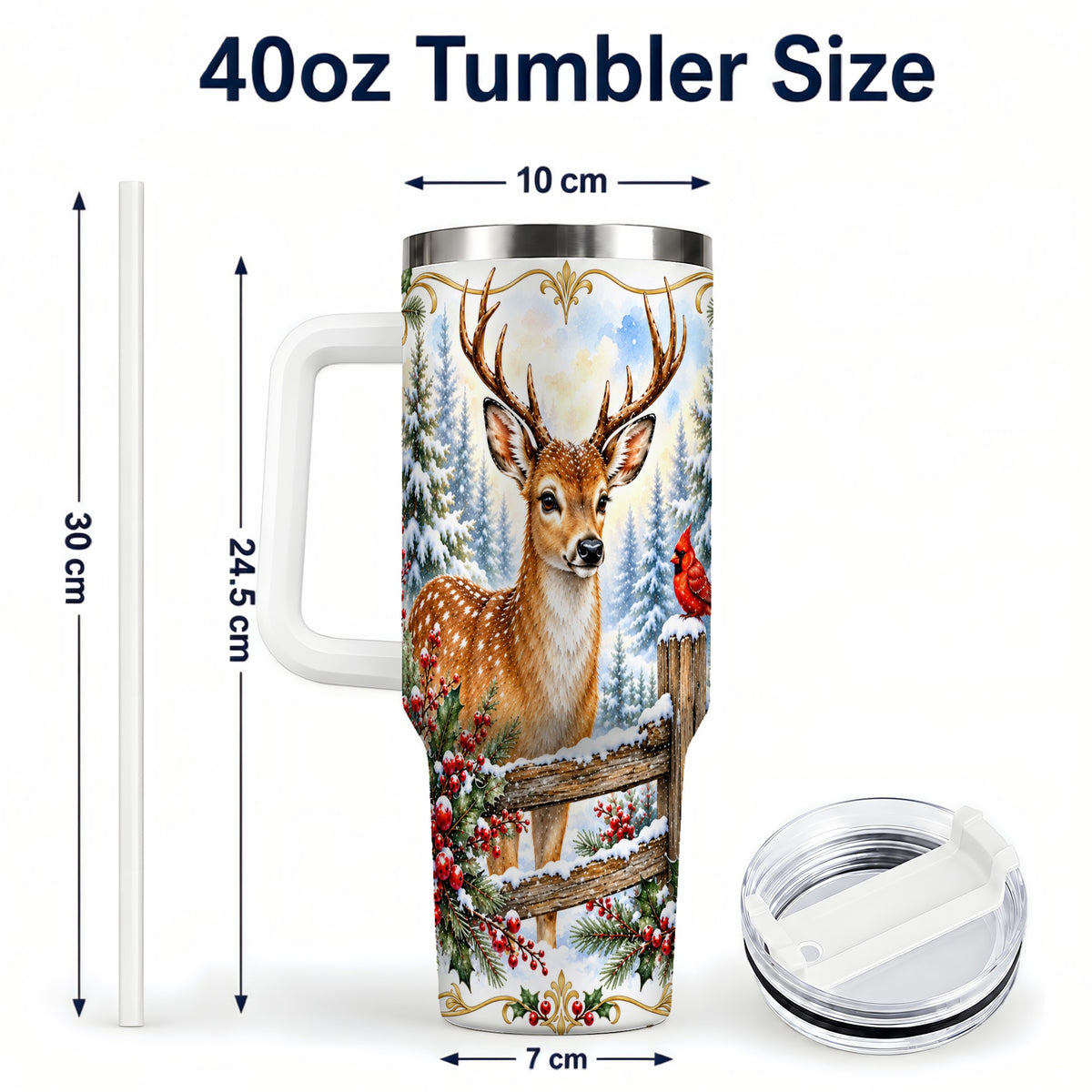 #pl[40oz|White] Christmas Buck 40oz Tumbler with Handle, Rustic Winter Deer Art