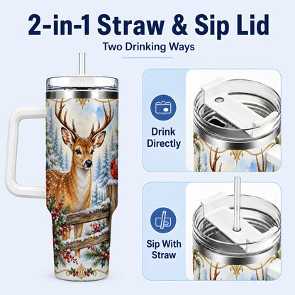 #pl[40oz|White] Christmas Buck 40oz Tumbler with Handle, Rustic Winter Deer Art