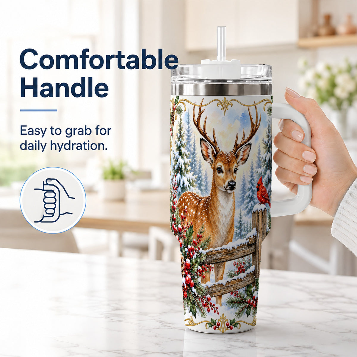 #pl[40oz|White] Christmas Buck 40oz Tumbler with Handle, Rustic Winter Deer Art