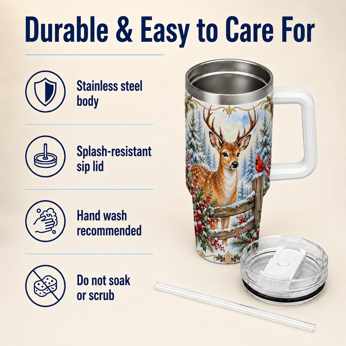 Christmas Buck 40oz Tumbler with Handle, Rustic Winter Deer Art